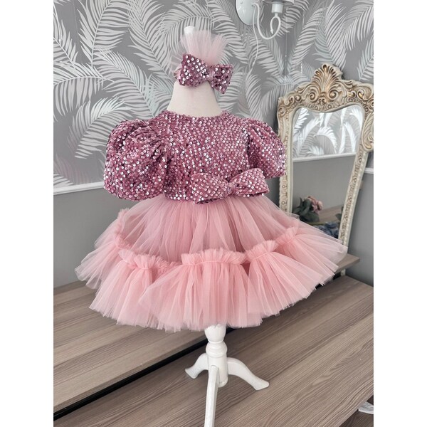 Princess Girl Dress, Girl's Dress, Children's Dress, Birthday Dress, Embroidered Dress, Pink Children's Dress, Ruffle Tulle Girl's Dress