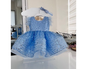 Robe de princesse bleue, robes de mariée pour bébé, robe de fille en tulle, robe de fille à volants, robe d'anniversaire, robe bouffante, robe de demoiselle d'honneur