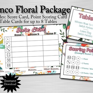 Floral Bunco Set / Bunco Score Card / Bunco Printable / Bunco Download / Dice Game