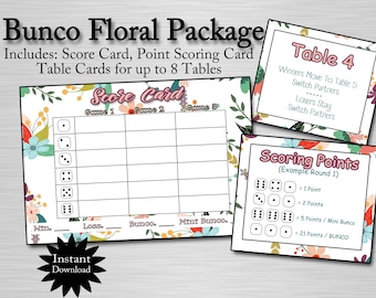 May include: Printable Bunco game set with floral design. Includes a scorecard, point scoring card, and table cards for up to 8 tables. The table card shows instructions for players to move to the next table after winning or losing a round.
