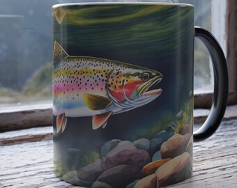 Underwater Rainbow Trout Color-Changing Mug Unique Gift for Fishing Angler Enthusiasts Heat-Reactive 11 oz Ceramic Cup with Aquatic Artistry