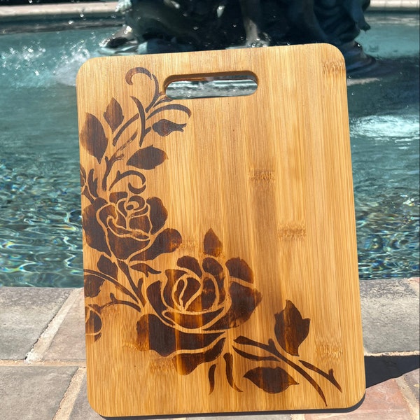 Wood Burned Bamboo Cheese Board, Farmhouse Decor Roses, 9”x12” Charcuterie Serving Tray, Kitchen Art