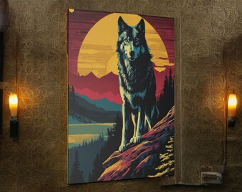 Wolf's Vista: Retro Style Matte Canvas - Majestic Cliff, River, & Sun - Eco-friendly Radiata Pine Frame - Ready to Hang