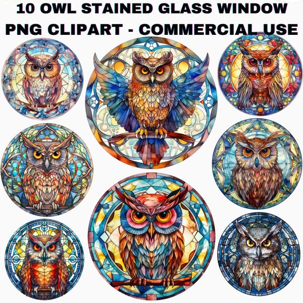 Best OWL Stained Glass Windows Clipart bundle , Vivid colours, Stained glass Png, vintage windows clipart, colorful glass windows clipart