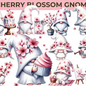 White Sakura Gnome Clipart Bundle | 25 Spring Cherry Blossom PNGs – Cute Garden Gnome Set, CU