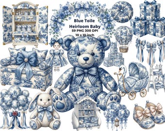 Blue Toile Baby Clipart Set, It's a Boy Baby Shower Toile de Jouy, Watercolor Floral Chinoiserie Nursery Art, Vintage French, CU