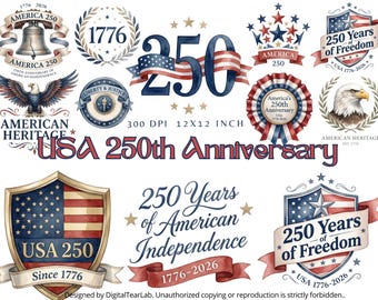 USA 250 Years Watercolor Clipart Bundle, America 250th Anniversary PNG, Patriotic Independence Day Clipart 1776–2026, CU