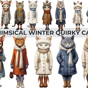 Illustrations amusantes de chats d'hiver – 13 images PNG originales avec feuilles imprimables pour scrapbooking et invitations