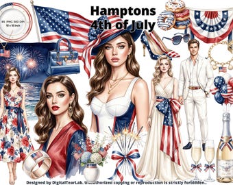 Independence Day Watercolor Clipart Bundle - 85 Patriotic PNGs, Hamptons Luxury 4th of July Graphics, American Flag & Fireworks, 4K, CU