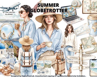 Watercolor Wanderlust Globetrotter Clipart Bundle, Girls Travel PNG, Summer Travel Digital Stickers, Scrapbooking Clip Art, 4K, CU