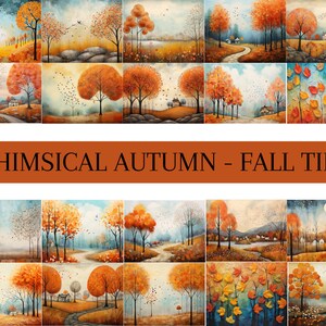 Può includere: Una collezione di dipinti ad acquerello con paesaggi autunnali stravaganti. Ogni dipinto presenta alberi arancioni e gialli, dolci colline e sentieri tortuosi. Il testo "WHIMSICAL AUTUMN - FALL TIME" è visualizzato su uno striscione marrone.