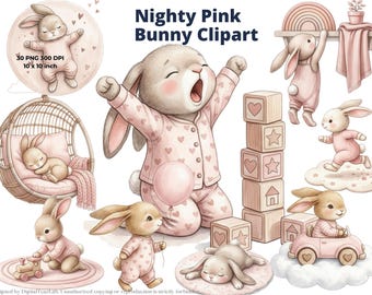 Nighty Baby Bunny Nursery Clipart Set, Pink Watercolor Baby Bunny PNG, Girl Nursery Wall Art, Whimsical Kids Decor, Digital download, CU