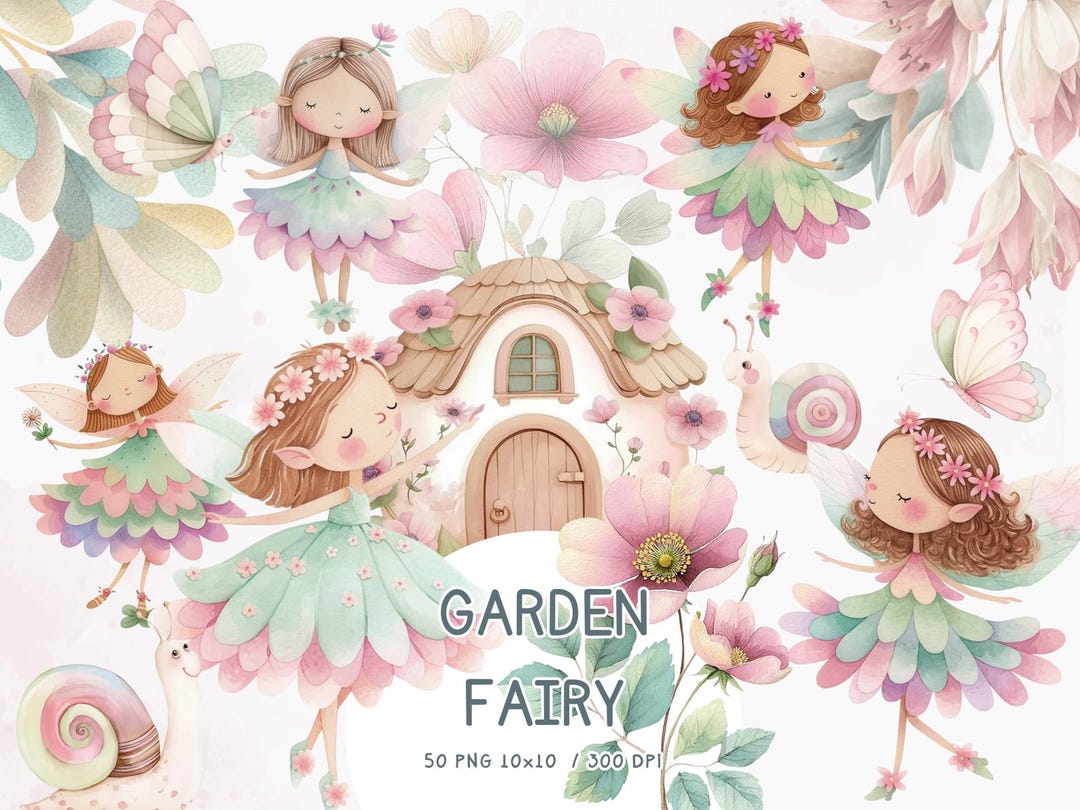 Pastel Fairy Garden Clipart Bundle – Watercolor Fairies, Flowers ...