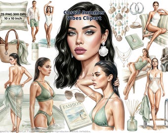 Watercolor Coastal Serenity Clipart Set, Glamor Summer Beach PNG, Beach Time Fashion Vacation Art, Coastal Digital Bundle, 4K, CU