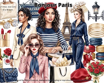 Paris Clipart Bundle, parisian shopping Graphics,French Fashion, Café, Travel Vacation Digital Stickers, 4K, CU