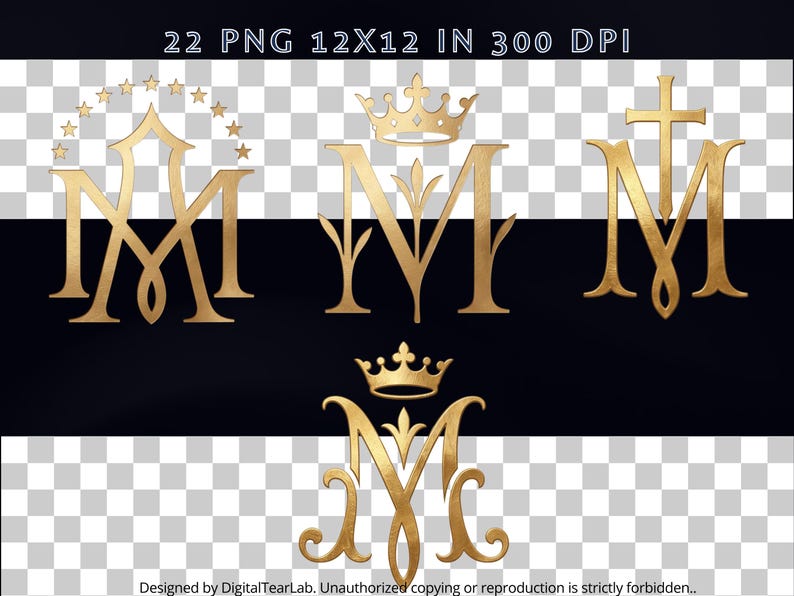 Gold Marian Monogram Clipart Pack, Auspice of Mary PNG SVG, Ave Maria ...