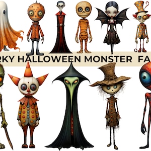 Quirky Halloween Monster Family, Mixed Media Halloween graphics, Spooky Characters Halloween Junk Journal