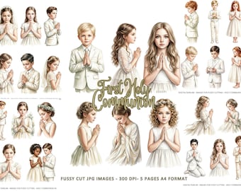 Watercolor Children Praying - Communion Sublimation fussy cut Design, Communion Card Design, Christian Clipart, , CU