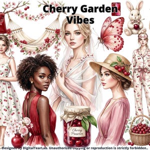 Può includere: Illustrazione ad acquerello con il testo "Cherry Garden Vibes". L'immagine presenta una borsa rossa, una donna in un vestito con stampa di ciliegie, un barattolo di conserva di ciliegie e una donna con un cappello di paglia con ciliegie. Altri oggetti includono un orologio, gioielli e un cesto di ciliegie.