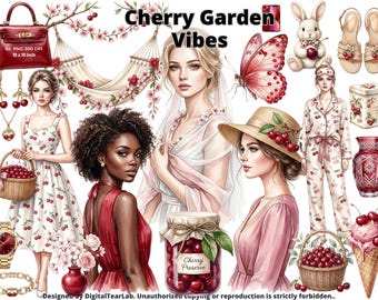 Watercolor Cherry Garden -Vibes Clipart Bundle, Summer Berries PNG, Spring Flowers Digital Stickers, Seasonal berries Girl Graphics, 4K, CU