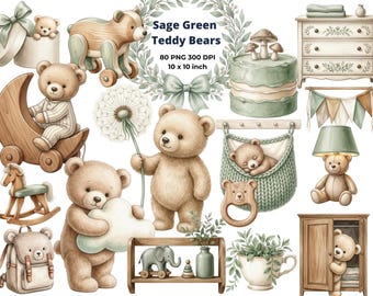 Sage Green Teddy Bear Clipart PNG Set, Watercolor Cute Baby Bear Nursery, Woodland Nursery Art, rustic teddies Baby Shower Decor, CU