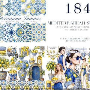 Può includere: Una collezione digitale di grafiche a tema estate mediterranea con motivi di piastrelle senza cuciture, limoni, design in ceramica blu e bianca, bordi decorativi e illustrazioni di persone e oggetti decorativi con risoluzione a 300 DPI.