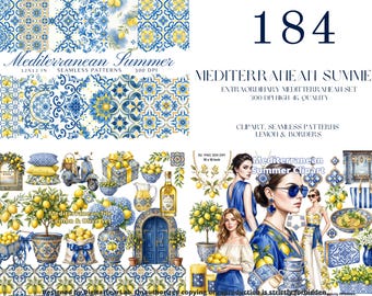 Mediterranean Summer Clipart Bundle, Lemon Tiles, Sicilian Maiolica, Amalfi Coast Digital Sticker, Italy Greece Scrapbook Collection, 4K, CU