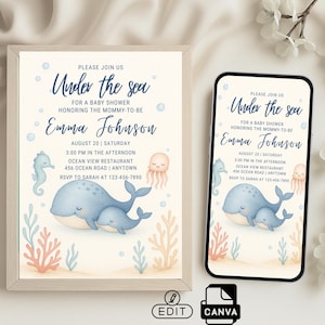 Einladung zur Babyparty „Unter dem Meer“ für Jungen | Bearbeitbare Vorlage für Wal-Mama und Baby-Meerestiere – Druckbare Karte + Mobile Version, CU