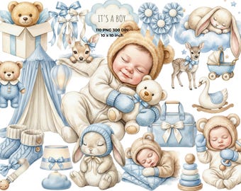 Blue Baby Boy Nursery Clipart: Cute Baby Shower Graphics, it's a boy nursery Clipart, Digital download, CU