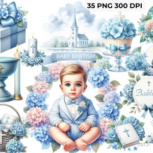35 Watercolor Pastel Blue Baby boy Baptism Clipart, christening graphics, baby batism invitation, CU