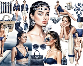 Watercolor Glamor navy Clipart Set, Navy Coastal Girls PNG, Blue Sea Fashion Summer Beach Art, Nautical Graphics Digital Download, 4K, CU