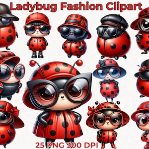 Cute Ladybug Fashion Clipart Bundle | Watercolor Spring Bug PNGs for Sublimation & Cards, CU