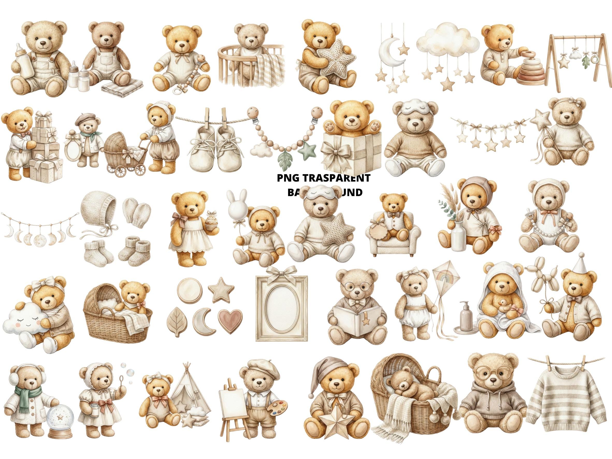 Watercolor Teddy Bear Clipart, Neutral Baby Shower PNG, Beige Nursery ...