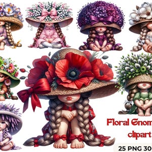 Spring Floral Girl Gnome Clipart – 25 Watercolor Daisy PNGs | High-Quality Seasonal Garden Graphics | CU