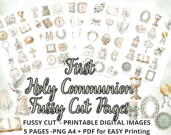 Sage Green Holy Communion Elements - Religious images fussy cut - A4 PNG + PDF, 5 printable pages, CU
