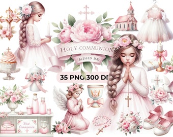 Pink Girl Communion Clipart Bundle | 35 First Holy Communion PNG Files w/ Transparent Background, CU