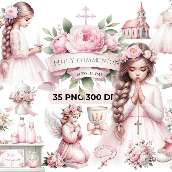 35 First Holy Communion Clipart Bundle - Girl Communion PNG Files with Transparent Background, CU