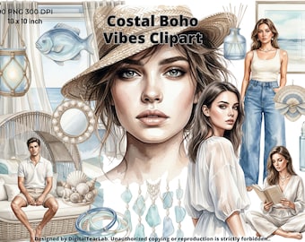 Coastal Boho Clipart Set, Coastal Millennial Aesthetic PNG, Beach House Decor, Summer Lifestyle Clipart, 4K, CU