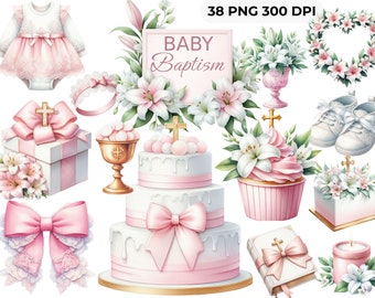 38 Watercolor First Communion Clipart, Pastel Pink, Baptism Clipart, Floral Cross, christening graphics, CU