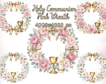 Pink First Holy Communion Wreath PNG - Communion Sublimation Design, Communion Card Design, Christian Clipart, Instant Digital Download, CU