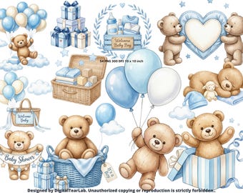Watercolor Teddy Bear Clipart, Blue Baby Teddies PNG, Baby Boy Nursery Art, Baby Shower Clipart, it's a boy teddy bear, CU