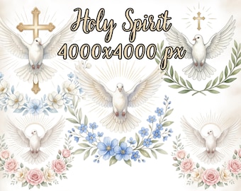 Watercolor Holy Spirit Clipart Bundle - First Holy Communion PNGs, Confirmation Clipart, Floral Christian Sublimation Design, CU