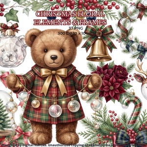 Christmas Teddy Bear Clipart, Santa Reindeer Bear PNG, Winter Bear, Christmas Animals, Festive Watercolor, Holiday Nursery, 4K, CU