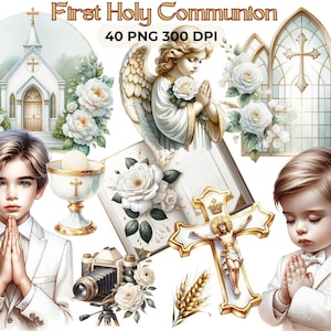Clipart de première communion – Garçon en costume blanc | 40 images religieuses PNG pour la confirmation | CU