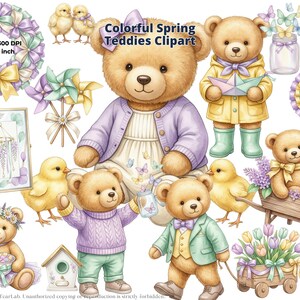 Può includere: Clipart ad acquerello con orsetti primaverili, circondati da pulcini, fiori ed elementi decorativi. Include una ghirlanda, un'opera d'arte incorniciata e una casetta per uccelli. L'immagine è 25,4 x 25,4 cm e 85 PNG a 300 DPI.