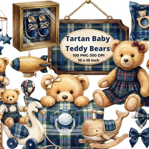May include: Watercolor illustration featuring teddy bears, baby toys, and accessories. Includes a framed display of baby shoes, a mobile, a rocking whale, and a sign that reads "Tartan Baby Teddy Bears".