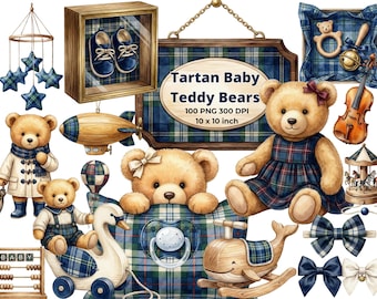 Scottish Plaid Nursery Clipart - Polo teddy bear Baby Shower PNG, Tartan teddy bear Clipart, Digital download, CU