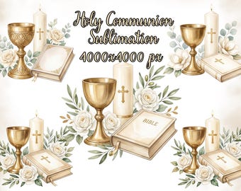 Watercolor Chalice Candle Bible Clipart Bundle - First Holy Communion PNGs, Baptism, Religious Invitation Design Sublimation Design, CU