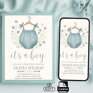 Boho Baby clothes Shower Invitation – Wildflower “It’s a Boy” | Canva Editable Card + Matching Phone Evite | CU