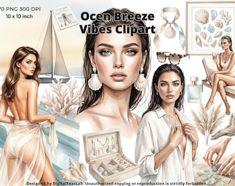 Watercolor Ocean Breeze Clipart Bundle - Beach Time PNGs, Neutral Summer Coastal Fashion Illustrations, Vacation Vibes Digital, 4K, CU
